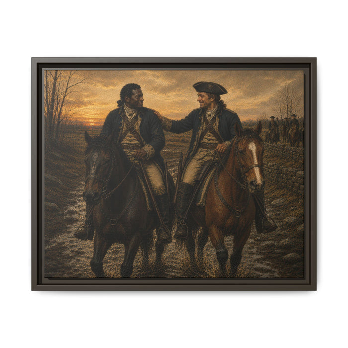 Museum-inspired portrait of two Continental Army cavalry soldiers riding through a muddy road at sunset during the Revolutionary War.