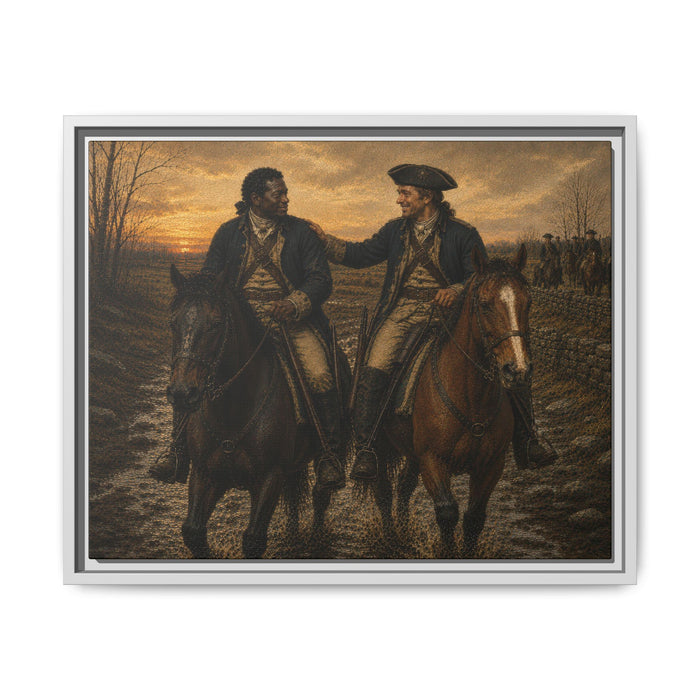 Historical Revolutionary War artwork depicting a Black and white Continental Army mounted soldiers traveling beside a stone wall beneath a golden evening sky.
