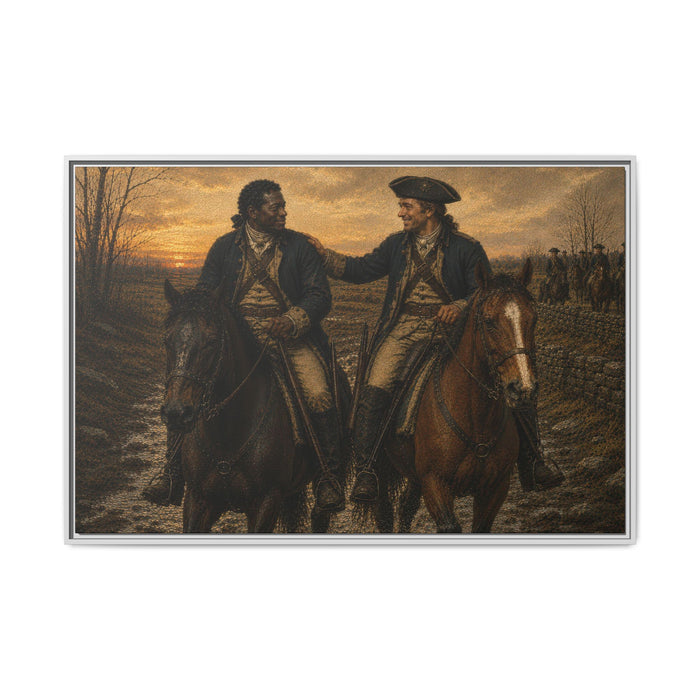 Framed historical canvas showing two Revolutionary War cavalrymen on horseback crossing a muddy road with Continental soldiers in the distant background.