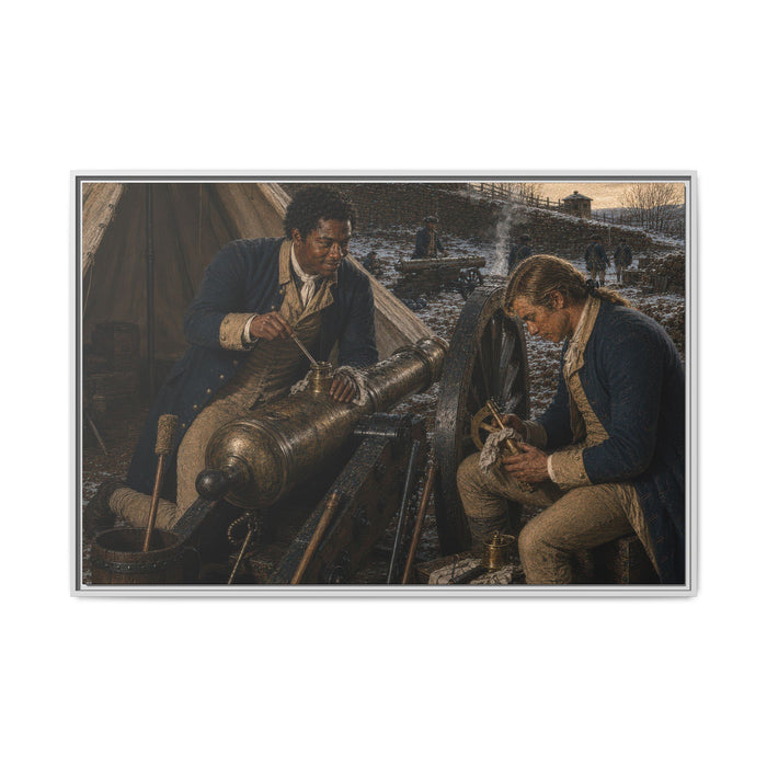 Historical oil portrait of Continental Army artillerymen preserving a bronze field cannon in winter quarters, circa 1781–1783.