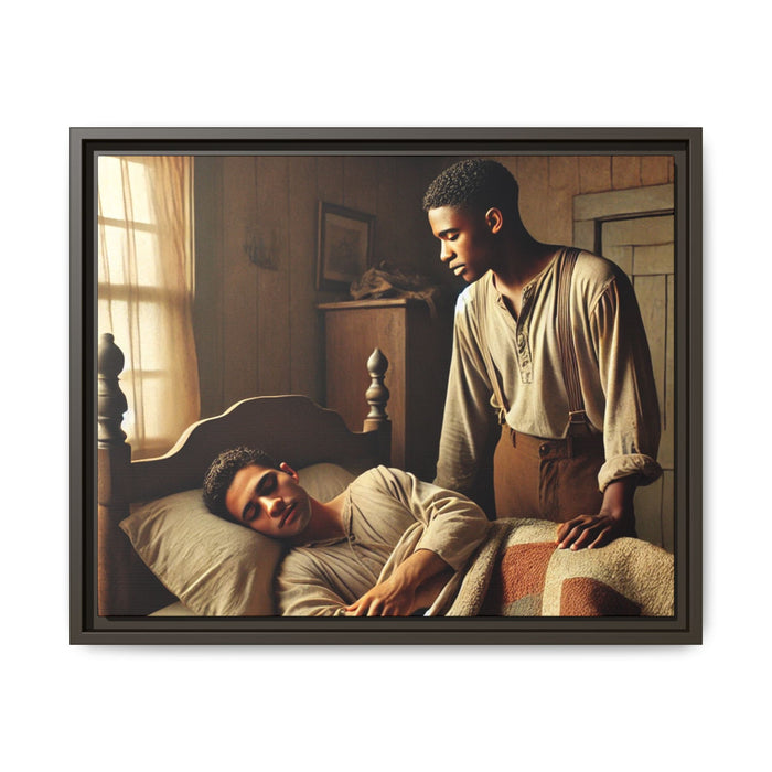 Grant 007 artwork depicting an African-American queer couple in a tender, intimate moment within a rustic bedroom. This scene, bathed in warm, nostalgic light, captures the love and quiet resilience of rural life, celebrating LGBTQ+ representation and African-American heritage.