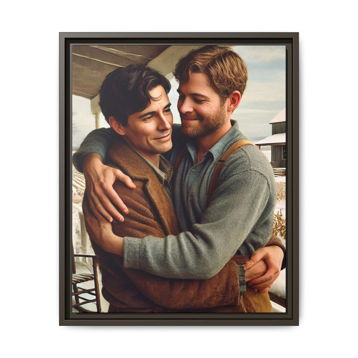 Artwork of a tender moment between two men embracing on a rustic farm porch in 1930s-style clothing. Set against a snowy, vintage rural backdrop, this image captures LGBTQ+ love and connection with a nostalgic Americana feel