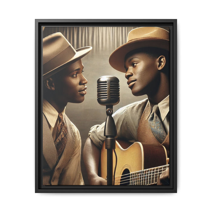 Artwork of an African-American gay couple recording a song in a 1930s-style studio. Dressed in vintage attire with fedoras and ties, they share a close, tender moment around a classic microphone, capturing love, music, and cultural heritage in a nostalgic setting