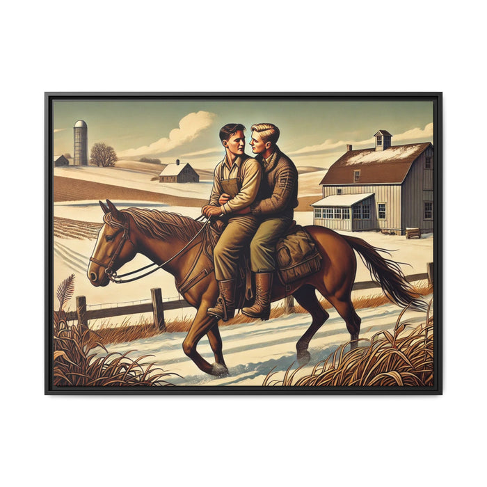 Artwork of a gay couple sharing a tender moment while seated together on a single horse in a snowy, rural Midwestern landscape. Dressed in early 20th-century attire, the men gaze at each other warmly, capturing love, resilience, and companionship in a serene 1930s-inspired American scene