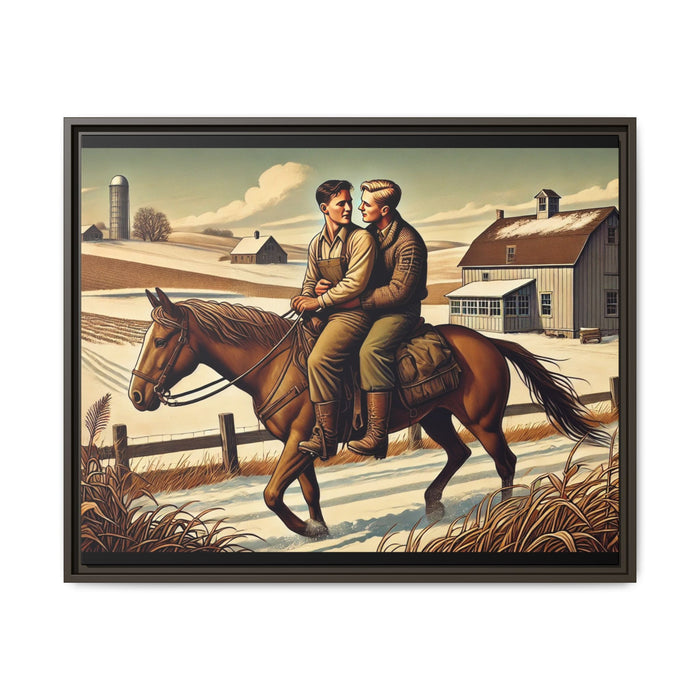 Artwork of a gay couple sharing a tender moment while seated together on a single horse in a snowy, rural Midwestern landscape. Dressed in early 20th-century attire, the men gaze at each other warmly, capturing love, resilience, and companionship in a serene 1930s-inspired American scene
