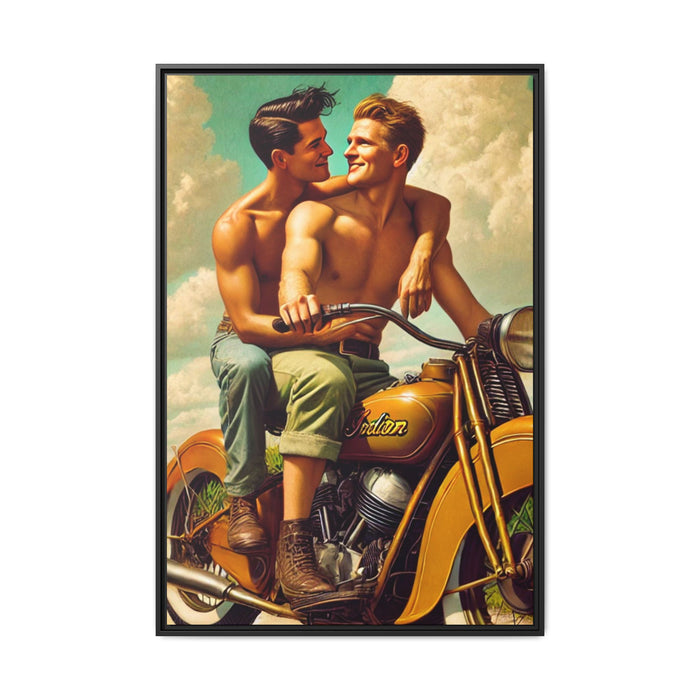 A vintage-style portrait of two young, shirtless men sitting together on a classic mustard-yellow Indian motorcycle. One man, with dark hair, sits behind the other and wraps his arm lovingly around his partner’s shoulder, gazing into his eyes. The man in front, with light hair, grips the handlebars and smiles back at him. Both wear rolled-up pants and sturdy boots. The background features a bright, partly cloudy sky, evoking a sense of freedom, warmth, and queer joy in mid-20th Century