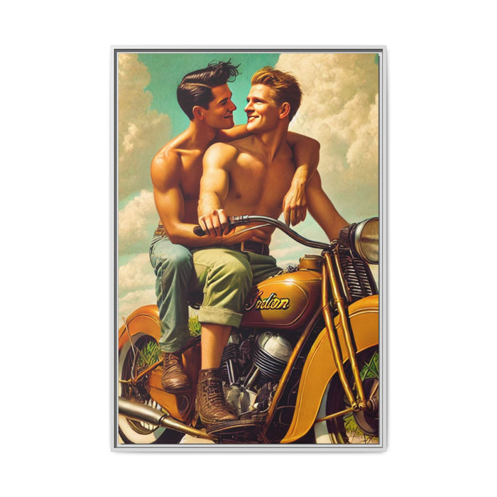 A vintage-style portrait of two young, shirtless men sitting together on a classic mustard-yellow Indian motorcycle. One man, with dark hair, sits behind the other and wraps his arm lovingly around his partner’s shoulder, gazing into his eyes. The man in front, with light hair, grips the handlebars and smiles back at him. Both wear rolled-up pants and sturdy boots. The background features a bright, partly cloudy sky, evoking a sense of freedom, warmth, and queer joy in mid-20th Century