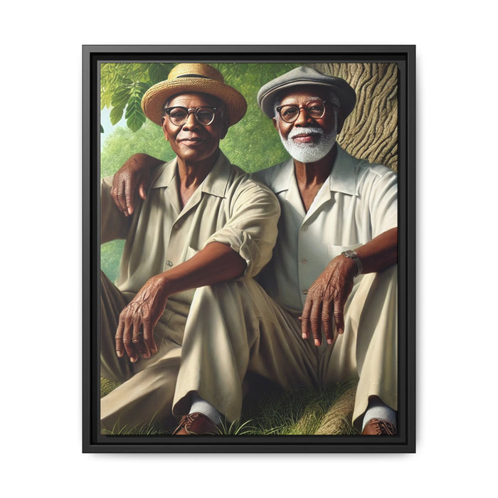 Framed artwork of a gay African-American couple in Cedar Rapids, Iowa, 1930s, celebrating love and resilience. Grant Wood Tribute