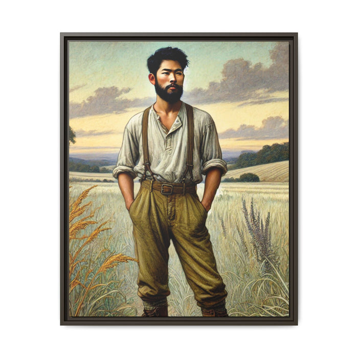 Framed artwork of an Asian-American farmer in 19th-century attire, inspired by Walt Whitman’s Leaves of Grass and Song of Myself, set against a serene rural backdrop of golden wheat fields and rolling hills.