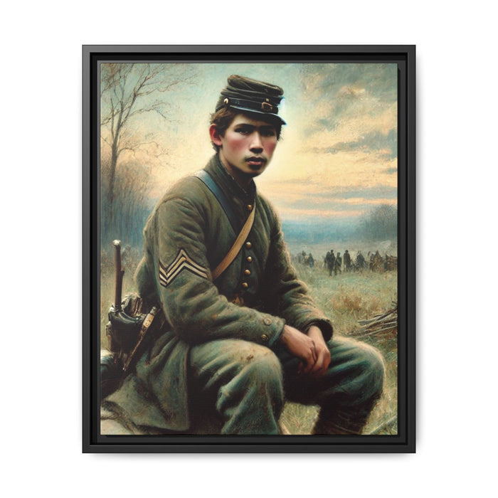 Framed artwork of a Civil War Union soldier inspired by Walt Whitman’s Leaves of Grass and Drum-Taps, depicting themes of sacrifice, strength, and vulnerability amidst a 19th-century battlefield. Grant Wood tribute
