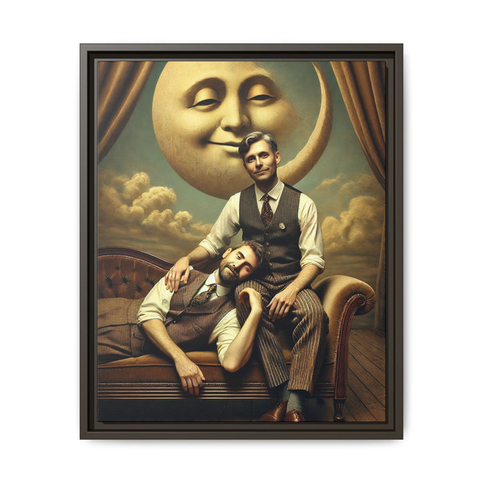Vintage-style artwork of two men in 1920s clothing sitting close, one resting his head on the other’s lap beneath a smiling moon. Surrounded by theatrical curtains and clouds, this original piece honors lost queer love and challenges historical erasure with tenderness and pride.