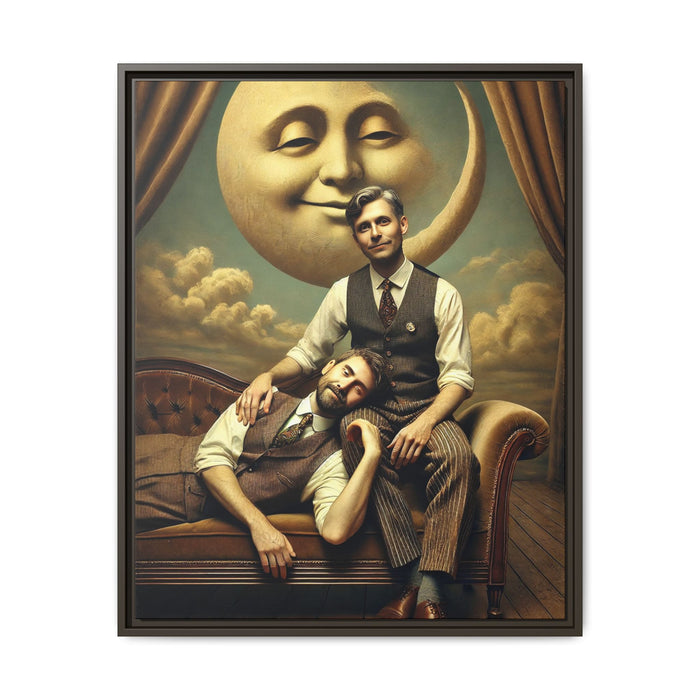 Vintage-style artwork of two men in 1920s clothing sitting close, one resting his head on the other’s lap beneath a smiling moon. Surrounded by theatrical curtains and clouds, this original piece honors lost queer love and challenges historical erasure with tenderness and pride.