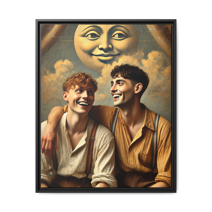 Queer artwork of two joyful young men dressed in vintage clothing with rolled sleeves and suspenders, laughing under a large moon prop in a dreamy studio scene. A celebration of love and resilience reclaimed from forgotten queer histories.