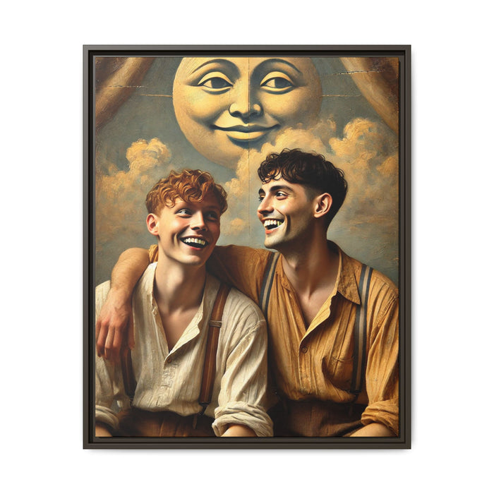 Queer artwork of two joyful young men dressed in vintage clothing with rolled sleeves and suspenders, laughing under a large moon prop in a dreamy studio scene. A celebration of love and resilience reclaimed from forgotten queer histories.