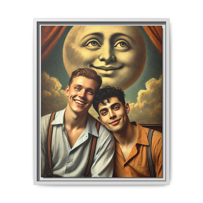 Framed artwork featuring a joyful queer couple in 1930s attire, seated close together beneath a smiling full moon in a theatrical studio setting. A celebration of reclaimed LGBTQ+ narratives in nostalgic portraiture.