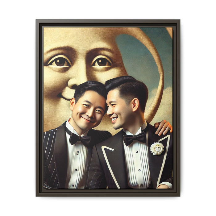 Framed matte canvas featuring a joyful queer Asian couple in tuxedos standing beneath a crescent moon. This artwork, part of the Missing Art Studies series, reimagines erased queer histories with warmth, dignity, and vintage-inspired style.