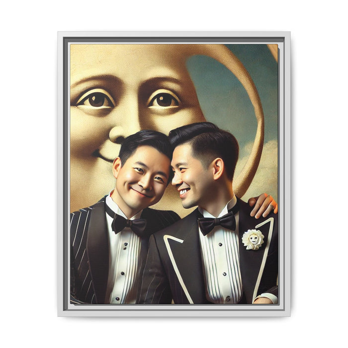 Framed matte canvas featuring a joyful queer Asian couple in tuxedos standing beneath a crescent moon. This artwork, part of the Missing Art Studies series, reimagines erased queer histories with warmth, dignity, and vintage-inspired style.