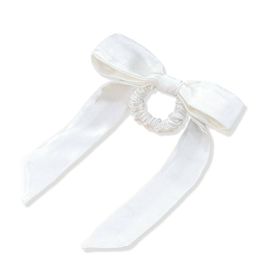 Mulberry Silk Skinny Bow Scrunchie in White