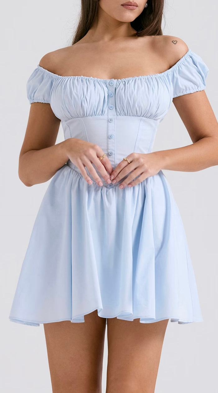 Nala Soft Blue Botton Gathered Mini Dress
