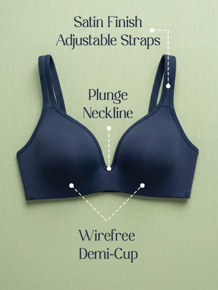 Navy Blue Padded Wirefree Demi Cup Bra