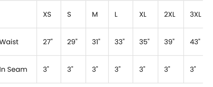 A size chart table showing waist and inseam measurements forXS, S, M, L, XL, 2XL, and 3XL sizes.