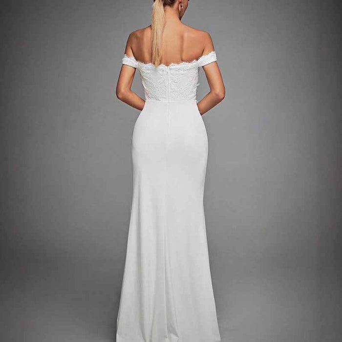 Off Shoulder High Slit Wedding Dress – Elegant Simple Bridal Gown for Modern Brides