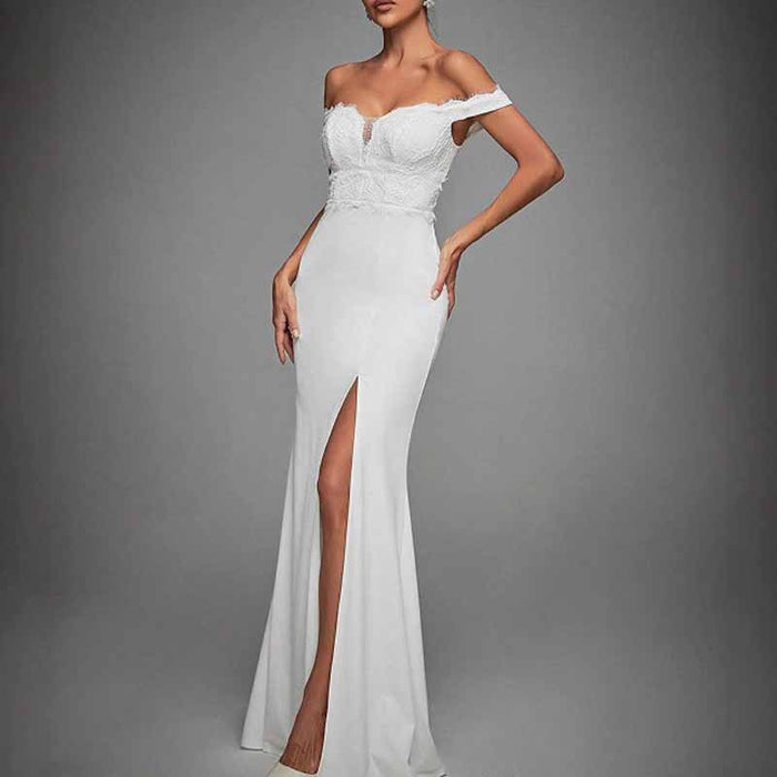 Off Shoulder High Slit Wedding Dress – Elegant Simple Bridal Gown for Modern Brides