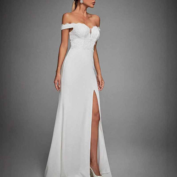 Off Shoulder High Slit Wedding Dress – Elegant Simple Bridal Gown for Modern Brides