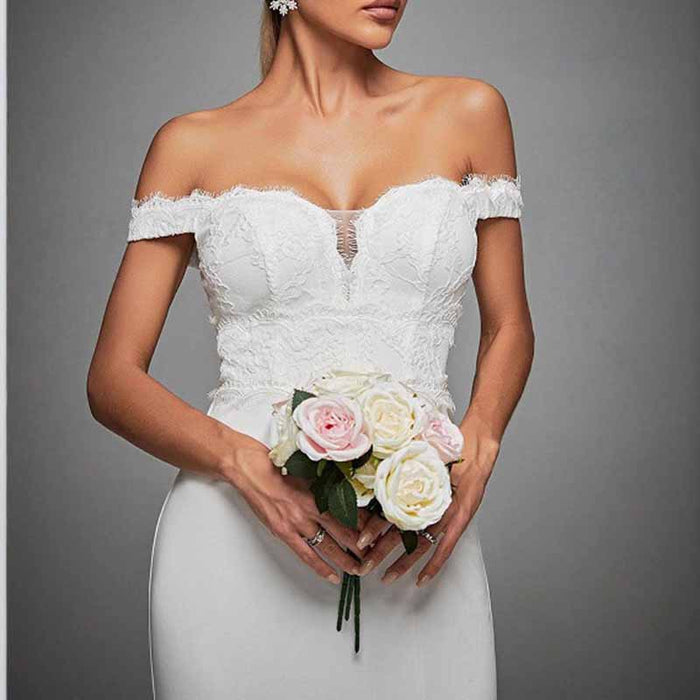 Off Shoulder High Slit Wedding Dress – Elegant Simple Bridal Gown for Modern Brides