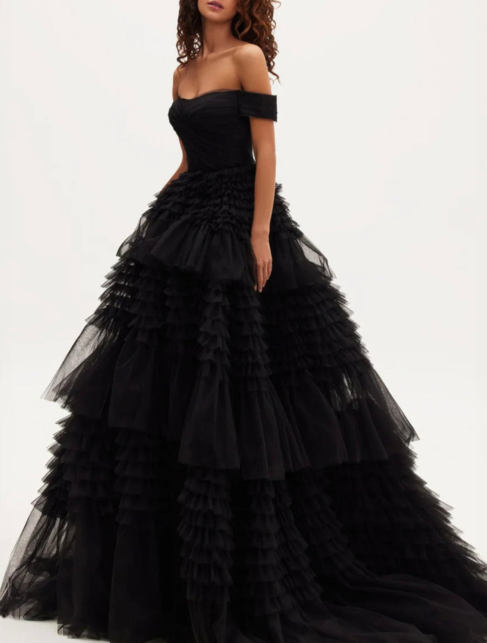 Off-The-Shoulder Frill-Layered Gown