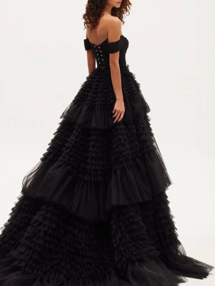 Off-The-Shoulder Frill-Layered Gown