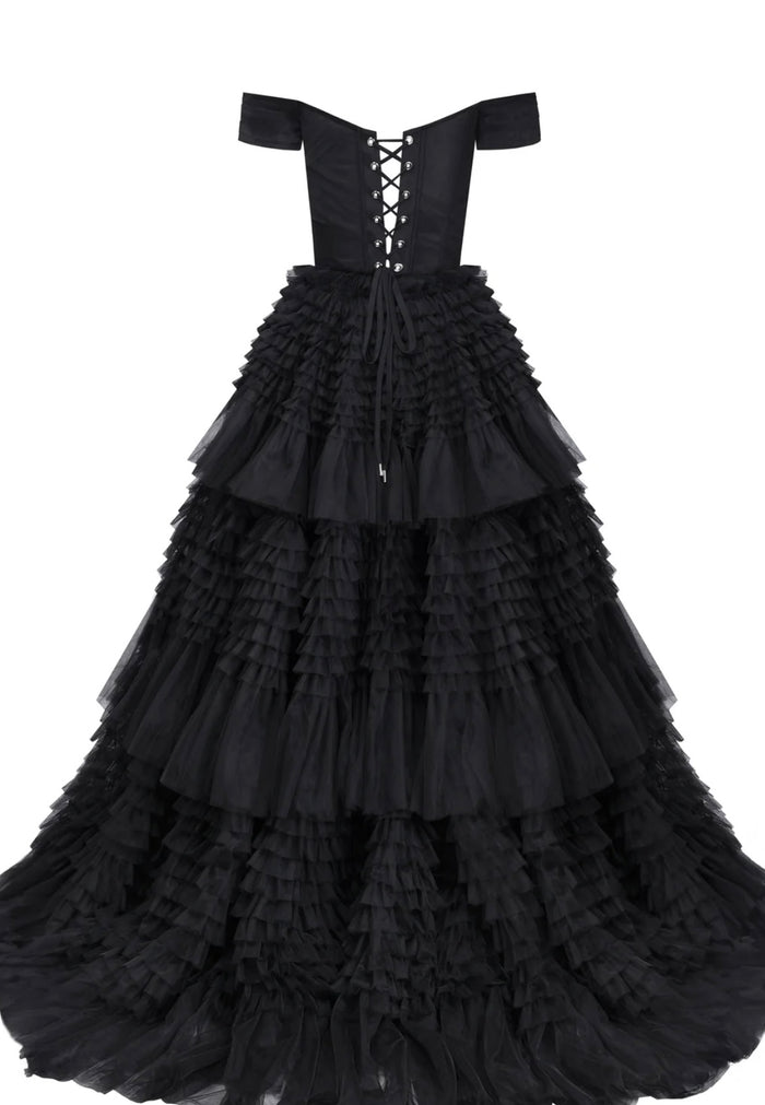 Off-The-Shoulder Frill-Layered Gown