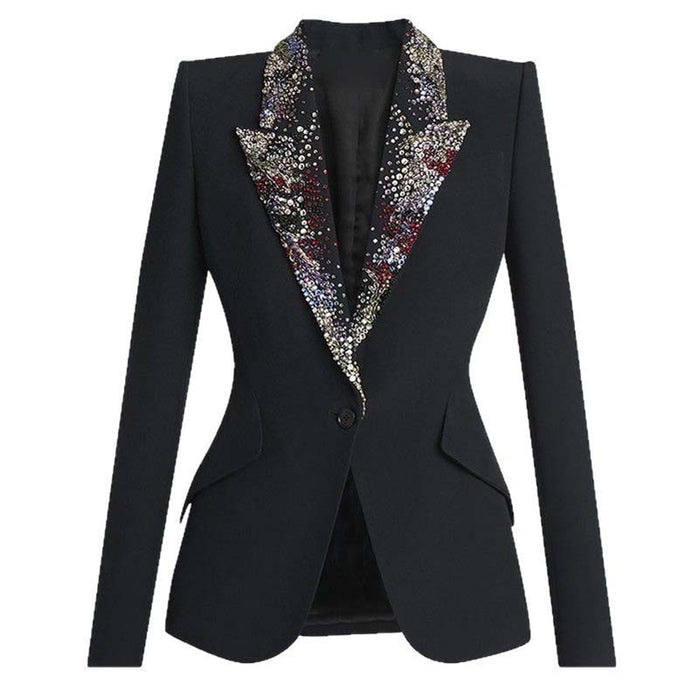 One Button Black Blazer with Beaded Collar For Women