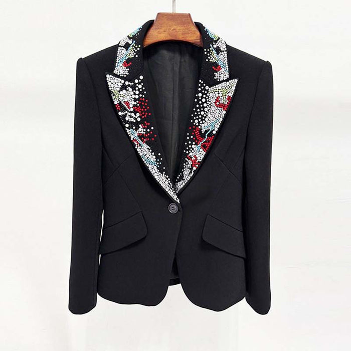 One Button Black Blazer with Beaded Collar For Women
