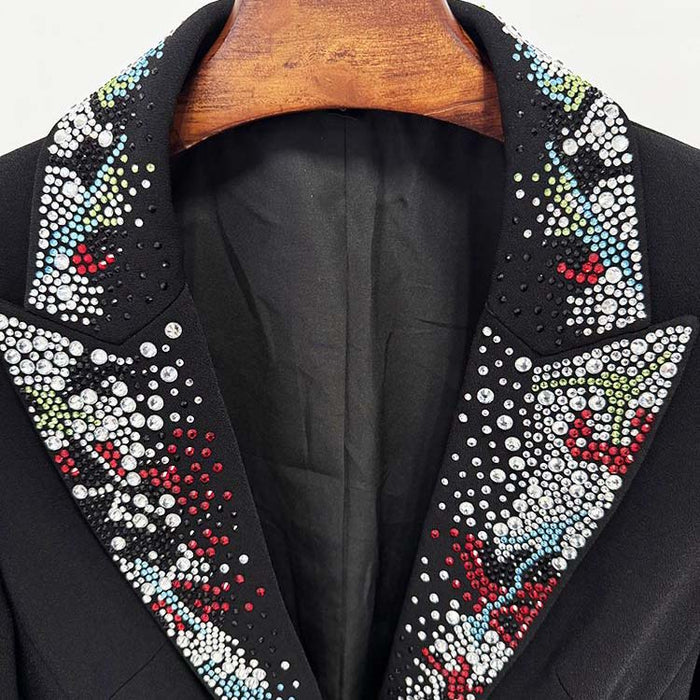 One Button Black Blazer with Beaded Collar For Women