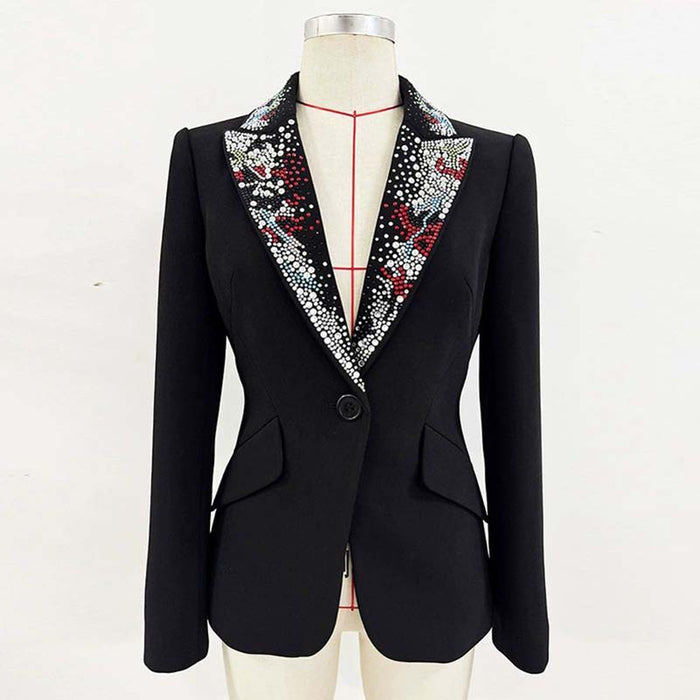 One Button Black Blazer with Beaded Collar For Women