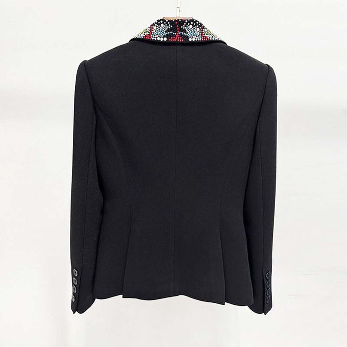 One Button Black Blazer with Beaded Collar For Women