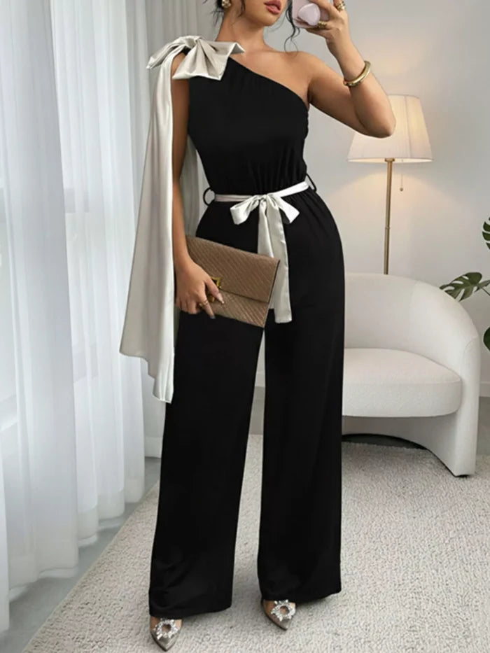 One-Shoulder Bowknot Wide Leg Jumpsuit