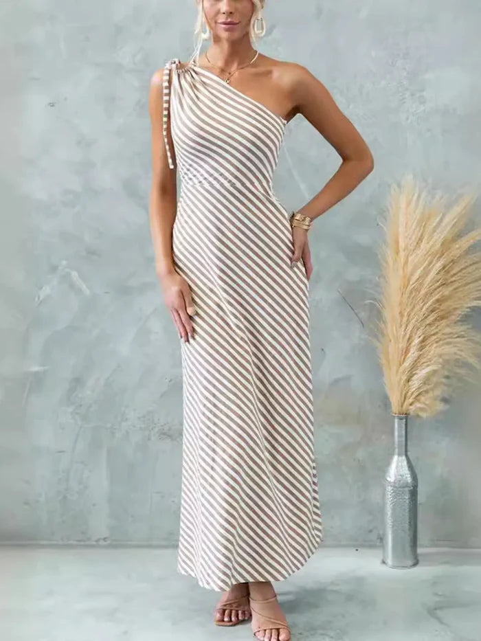 One Shoulder Striped Maxi Dress