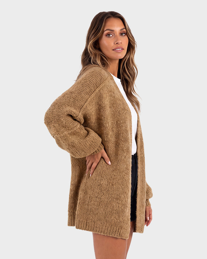 Oversized Lantern-Sleeve Open-Front Knit Cardigan