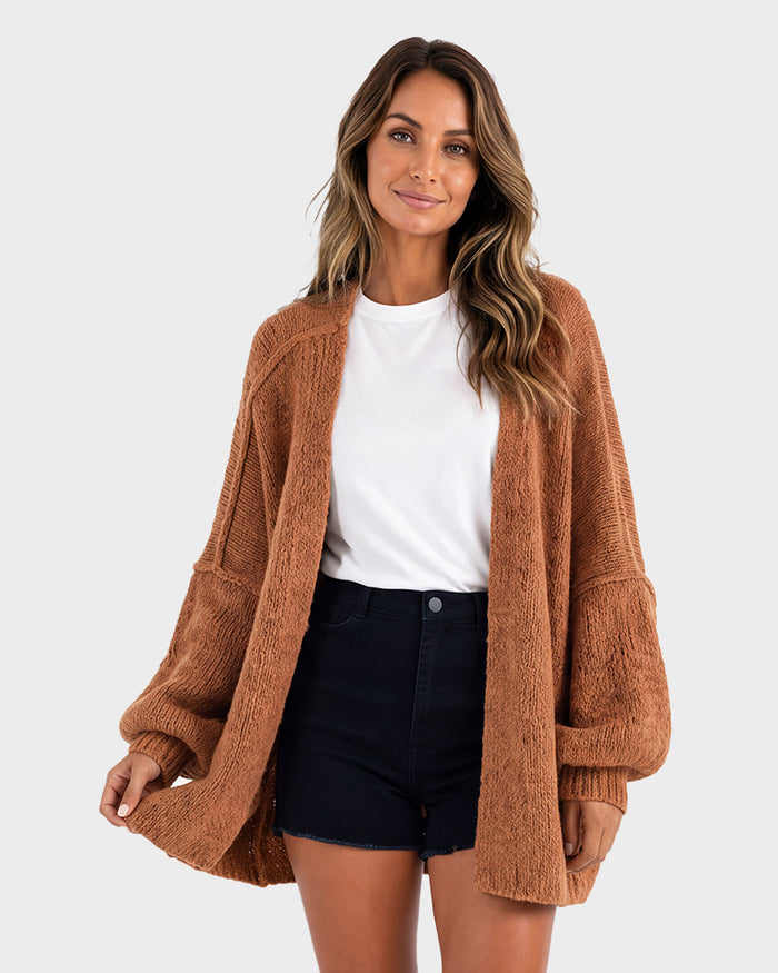 Oversized Lantern-Sleeve Open-Front Knit Cardigan