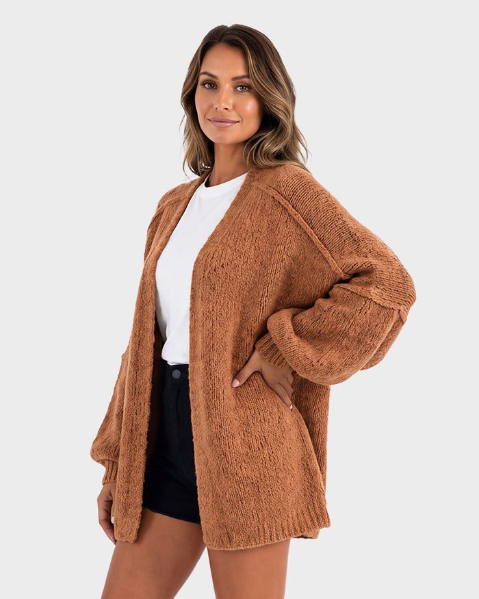 Oversized Lantern-Sleeve Open-Front Knit Cardigan