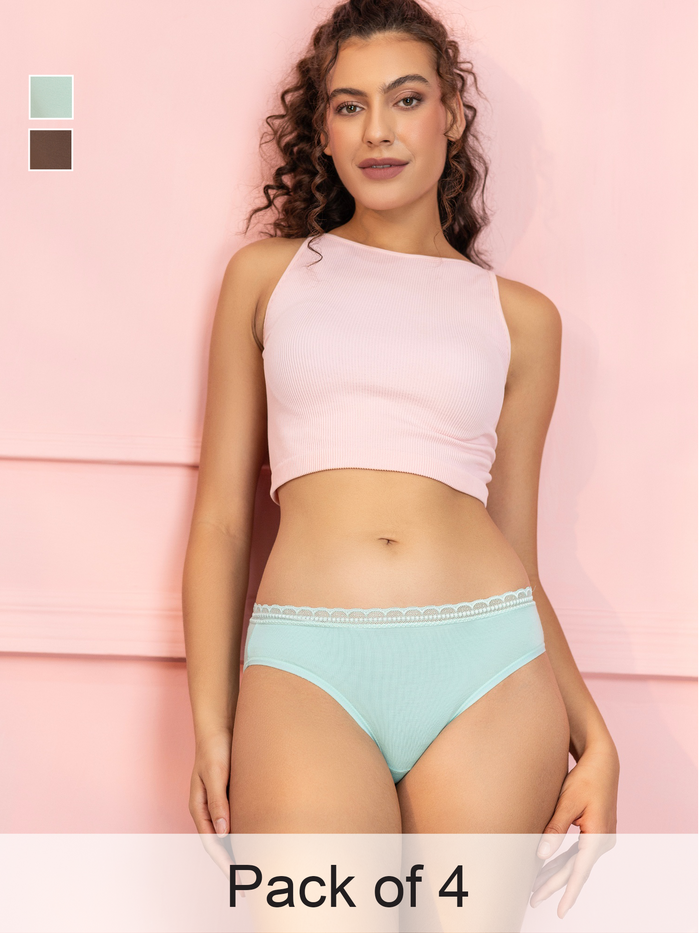 Pack of 4 Mid-Rise Bikini Panty for Women – 2 Light Brown & 2 Mint | Soft Modal Fabric & Outer Elastic Waistband