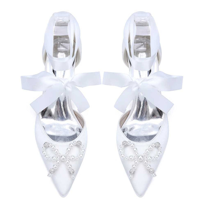 S&DCo. pearl bow bridal heels in white satin with stunning pearl embellishments and elegant ribbon tie