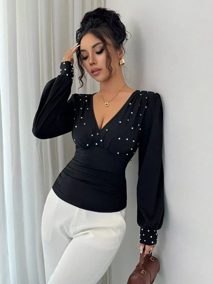 Pearl Embellished V-Neck Blouse