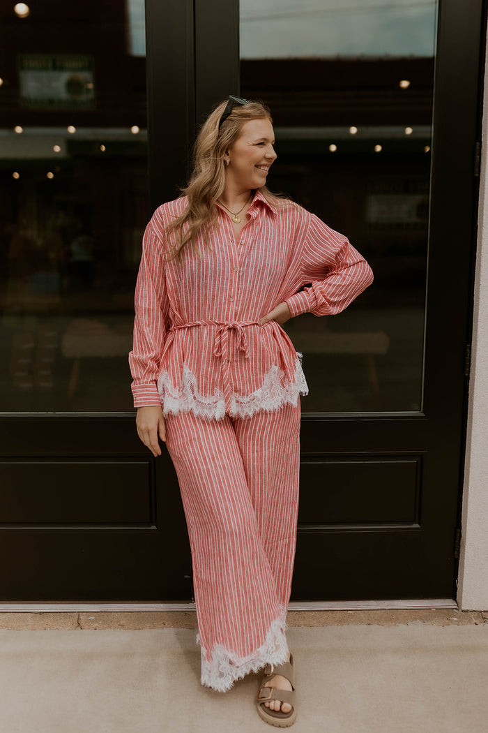 Petal & Pinstripe Wide Leg Pants- Light Red