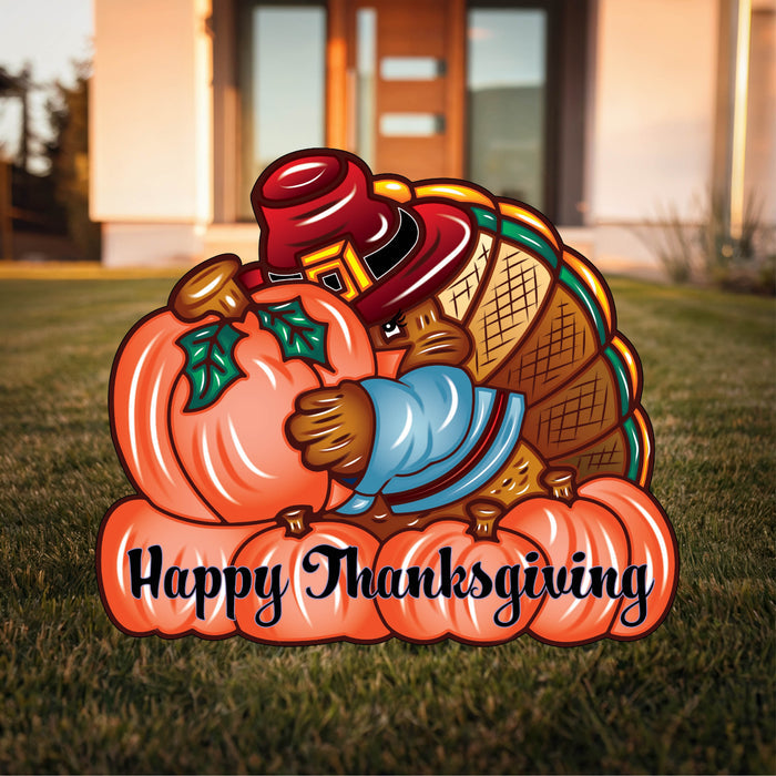 Pilgrim Turkey with Pumpkins Fall Garden Sign