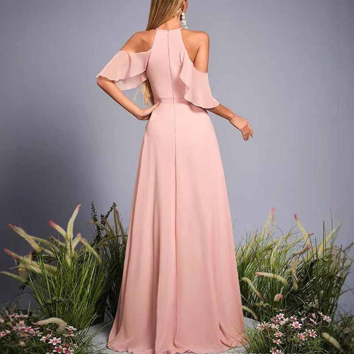 Pink Off the Shoulder A Line Long Dress – Elegant Wedding Guest & Bridesmaid Dress