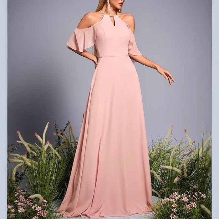 Pink Off the Shoulder A Line Long Dress – Elegant Wedding Guest & Bridesmaid Dress