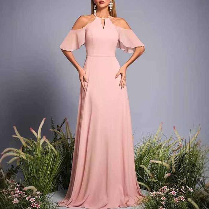 Pink Off the Shoulder A Line Long Dress – Elegant Wedding Guest & Bridesmaid Dress
